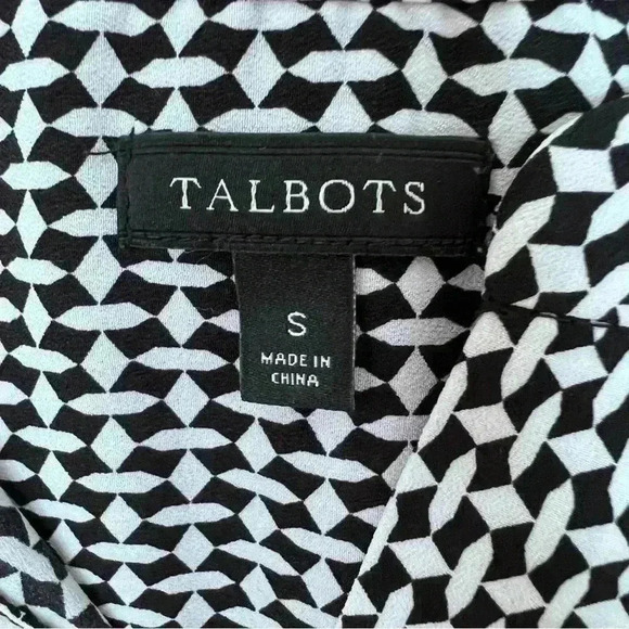 TALBOTS Women Slippery Polyester Blouse Long Sleeve Black White Geometric Print - Picture 10 of 11